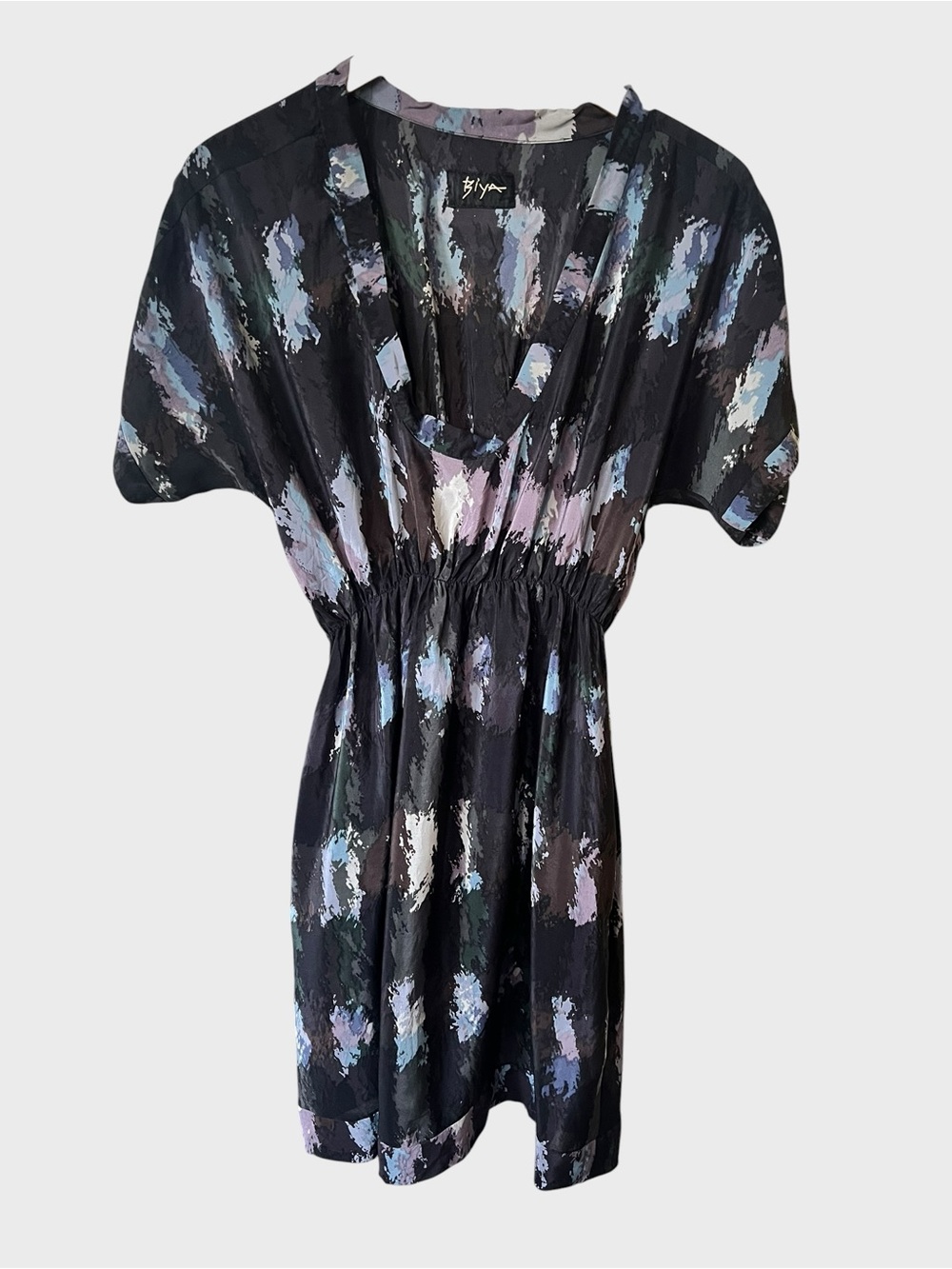 BIYA by Johnny Was Black Abstract Brushstroke V-Neck Dress with Elastic Waist